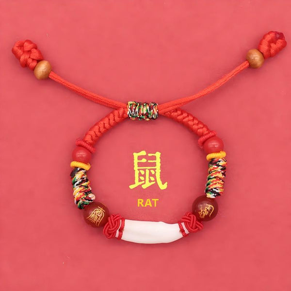 Kids Zodiac Bracelet – rat zodiac edition with red agate beads and multicolor wraps, newborn charm