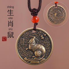Zodiac Bagua Pendant – brass rat medallion on dark braided rope, Bagua reverse side inset shown