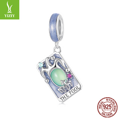 Tarot Silver Charm – The Fool charm with blue glitter enamel, green cabochon and pink stone, 925