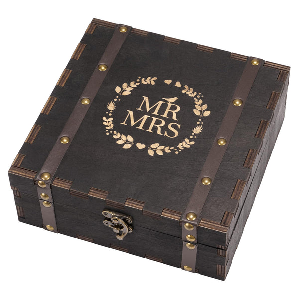 Mr Mrs Wooden Keepsake Box – MR MRS serif lettering with laurel wreath and bird, regular square size