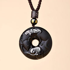 Black Obsidian Necklace – rat zodiac disc with bat motif, brown braided cord amulet