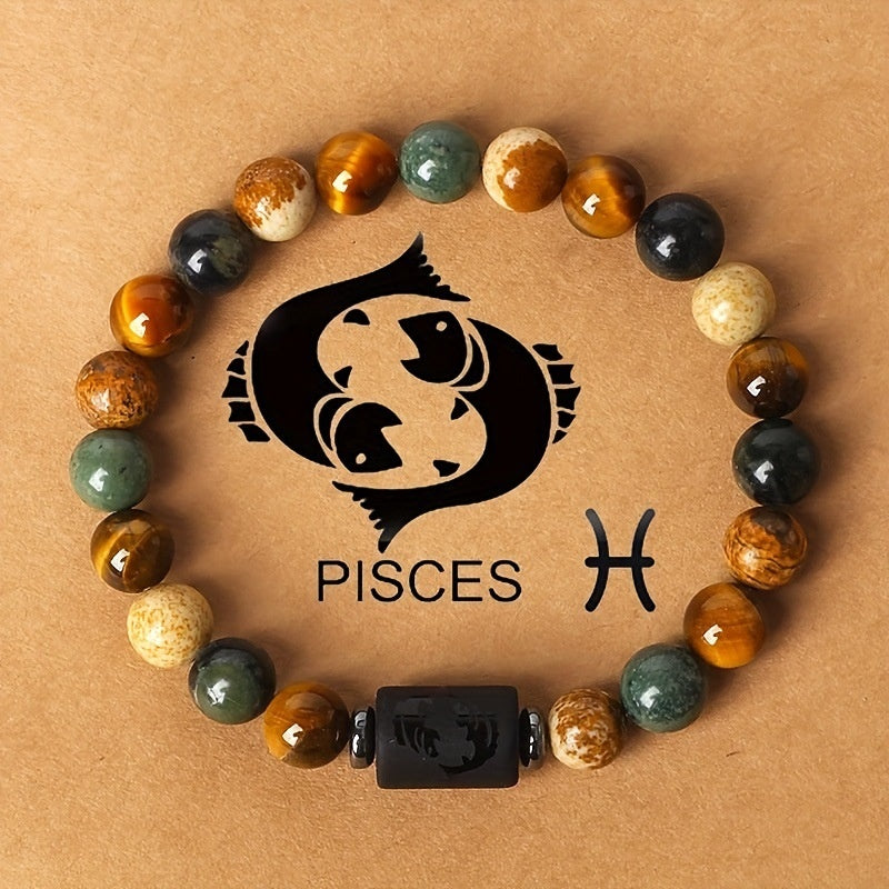 12 Zodiac Natural Stone Bead Bracelet Pisces twin fish with tiger eye and picture jasper beads