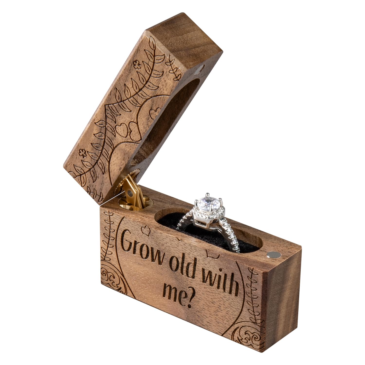 Slim Walnut Wood Ring Box – Grow Old With Me engraved text with heart accent, proposal edition