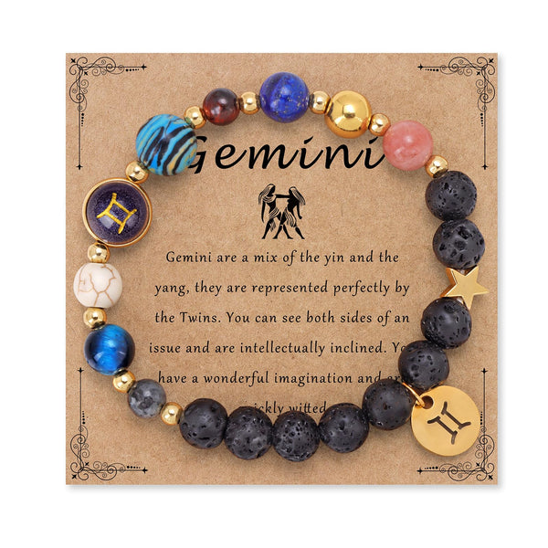 Zodiac Crystal Beaded Bracelet – Gemini with twins charm, healing crystals and lava stones on kraft card