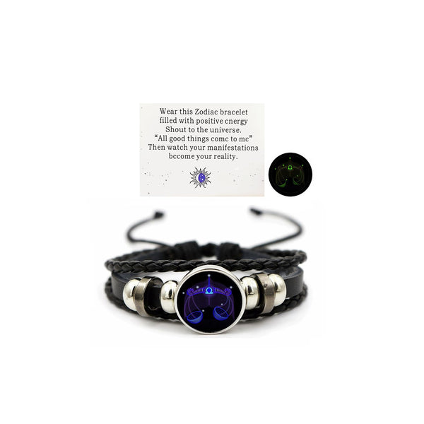 Zodiac Leather Wrap Bracelet – Libra with scales charm and manifestation card, glow feature