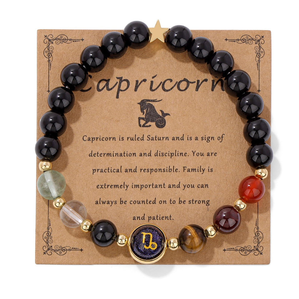 Zodiac Crystal Bracelet – Capricorn with cosmic card showing earth element and keywords
