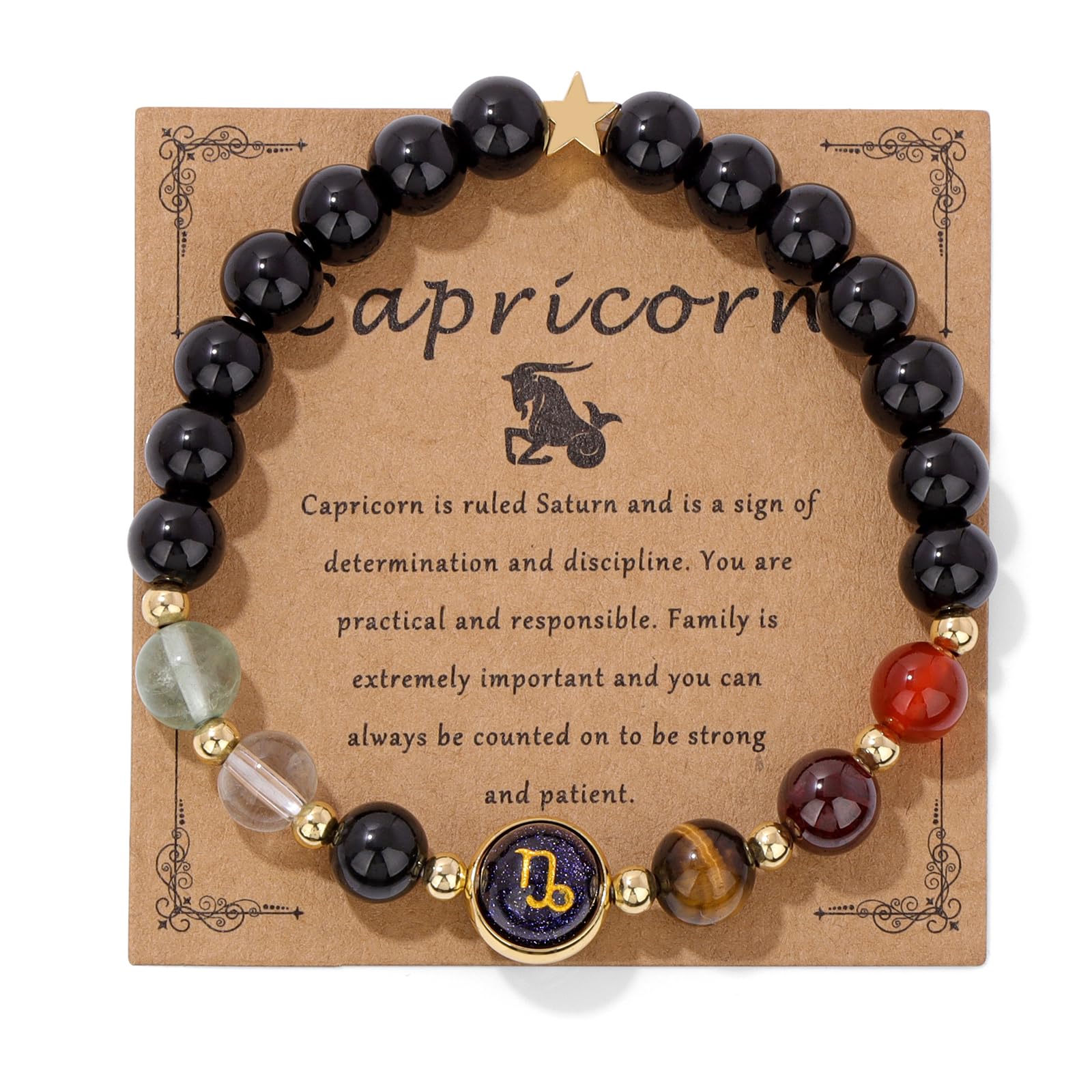 Zodiac Crystal Bracelet – Capricorn with cosmic card showing earth element and keywords