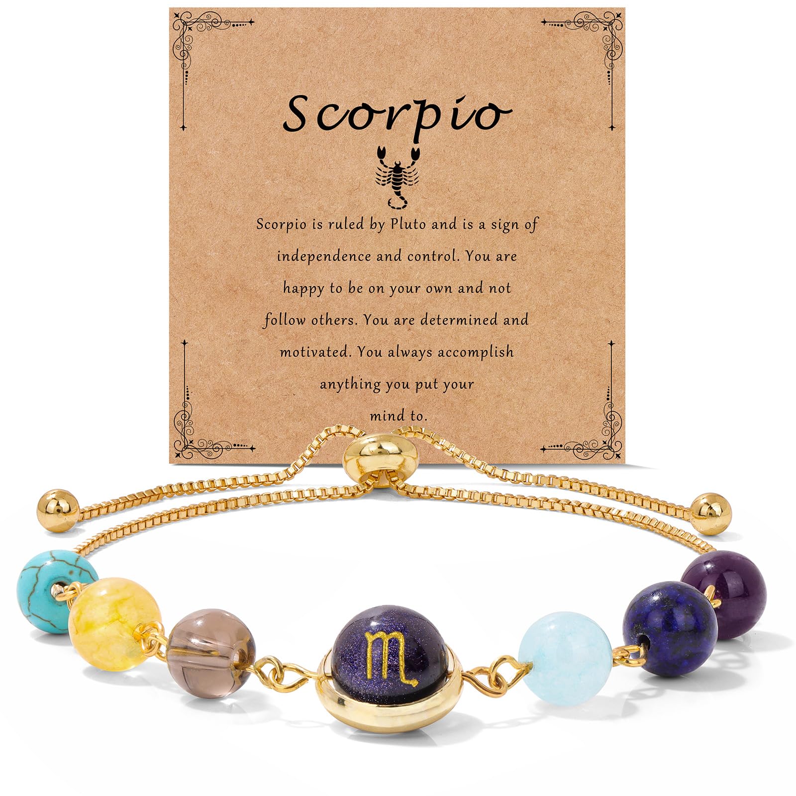 18K Gold Plated Zodiac Stone Bracelet – Scorpio with scorpion symbol on kraft card, deep blue stones