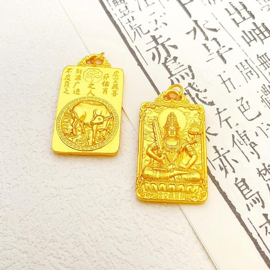 Buddha Zodiac Pendant – ox gold plate with Akasagarbha Buddha, scripture paper backdrop