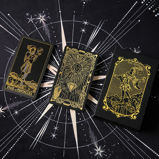 Waterproof Tarot Deck – Gold metallic card back with sunburst and moon phases on celestial cloth