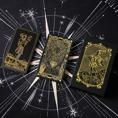 Waterproof Tarot Deck – Gold metallic card back with sunburst and moon phases on celestial cloth