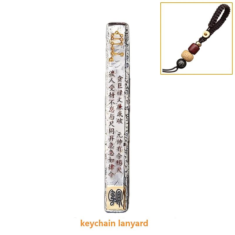 Tian Peng Chi Pendant – front view silver ruler with gold constellation and Chinese text, keychain lanyard inset shown, spiritual authority tool