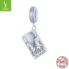 Tarot Silver Charm – The Chariot charm with blue enamel, iridescent center stone and silver horses
