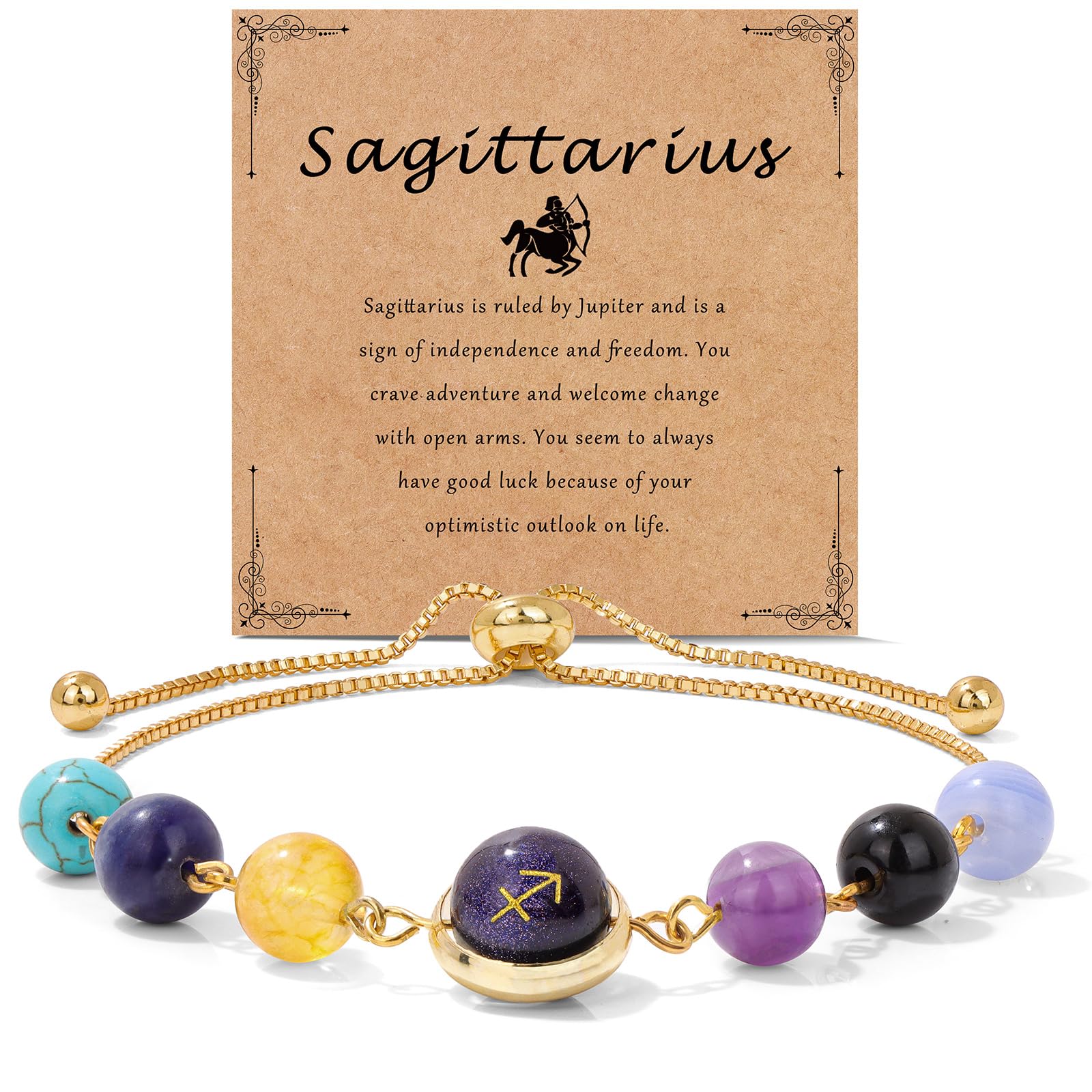 18K Gold Plated Zodiac Stone Bracelet – Sagittarius with archer symbol on kraft card, navy stones