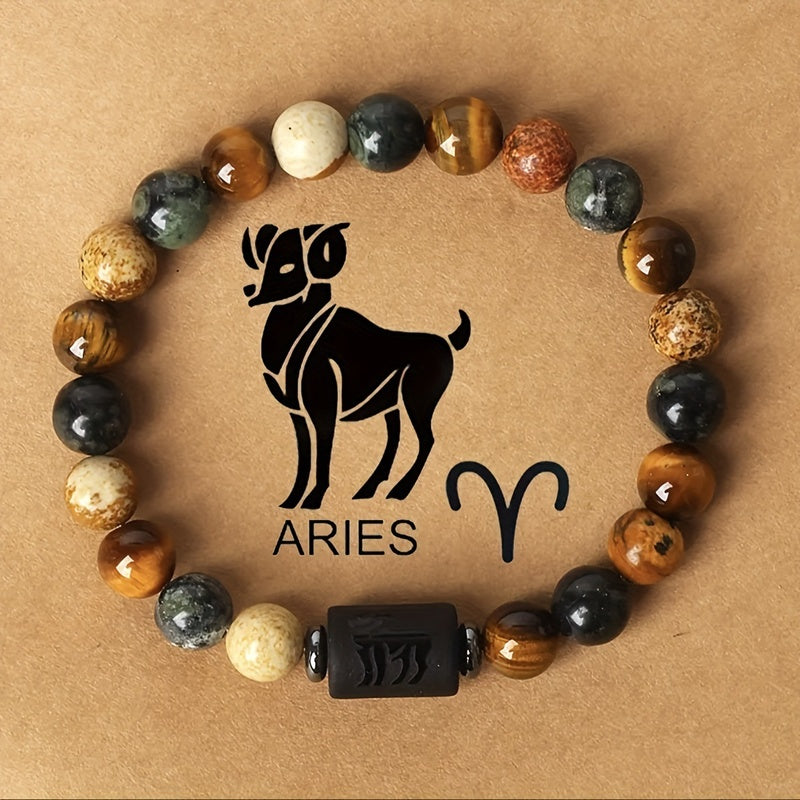 12 Zodiac Natural Stone Bead Bracelet Aries ram with tiger eye and picture jasper beads