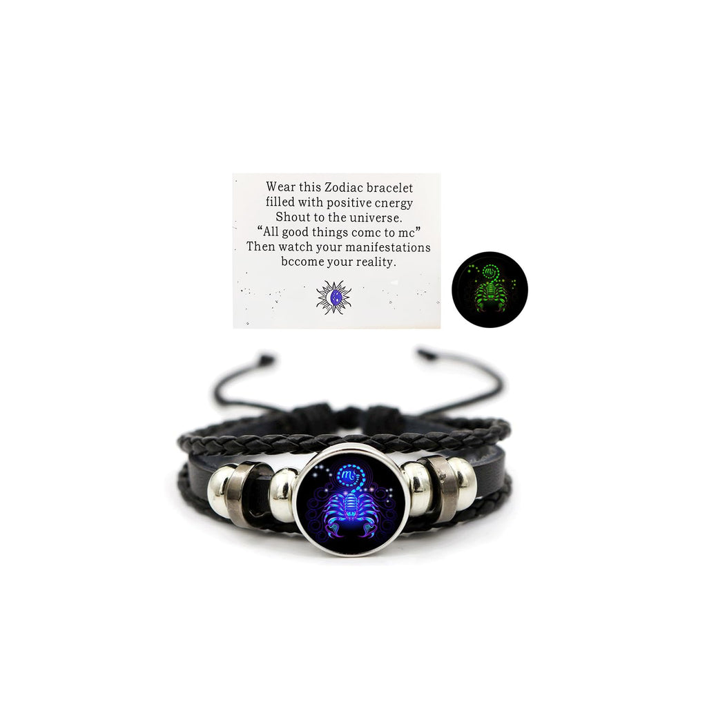 Zodiac Leather Wrap Bracelet – Scorpio with scorpion charm and manifestation card, glow feature