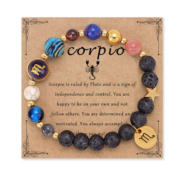 Zodiac Crystal Beaded Bracelet – Scorpio with scorpion charm, healing crystals and lava stones on kraft card