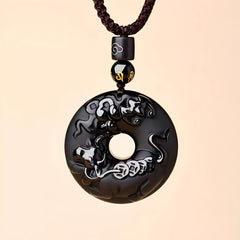 Black Obsidian Necklace – snake zodiac disc with cloud coins, obsidian peace pendant