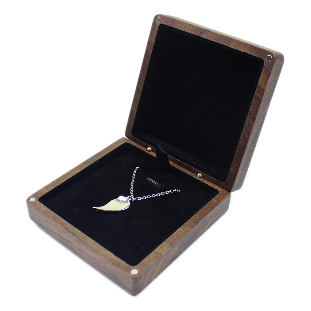 Natural Walnut Necklace Box – small square open with silver leaf pendant on black velvet, compact