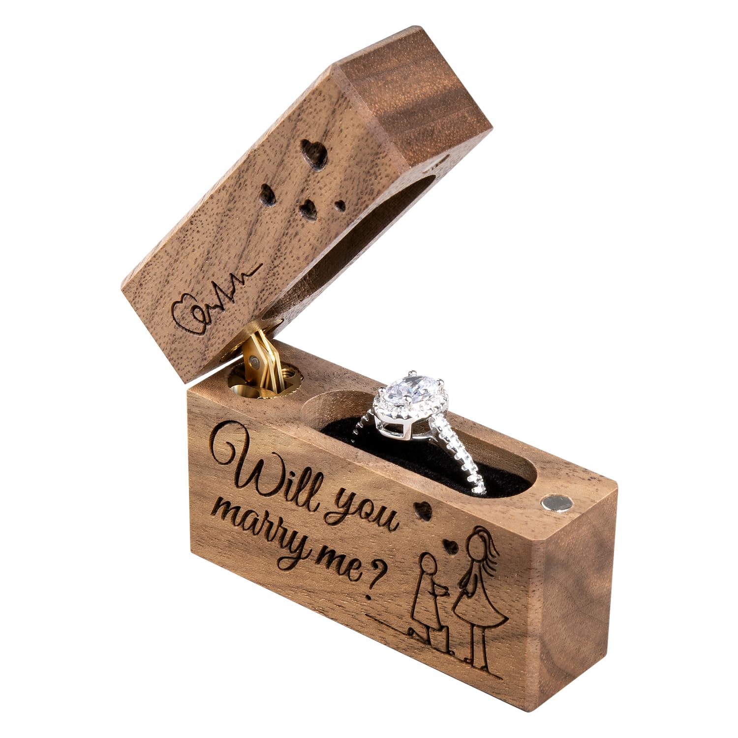 Slim Walnut Wood Ring Box – Will You Marry Me engraving with kneeling proposal scene illustration