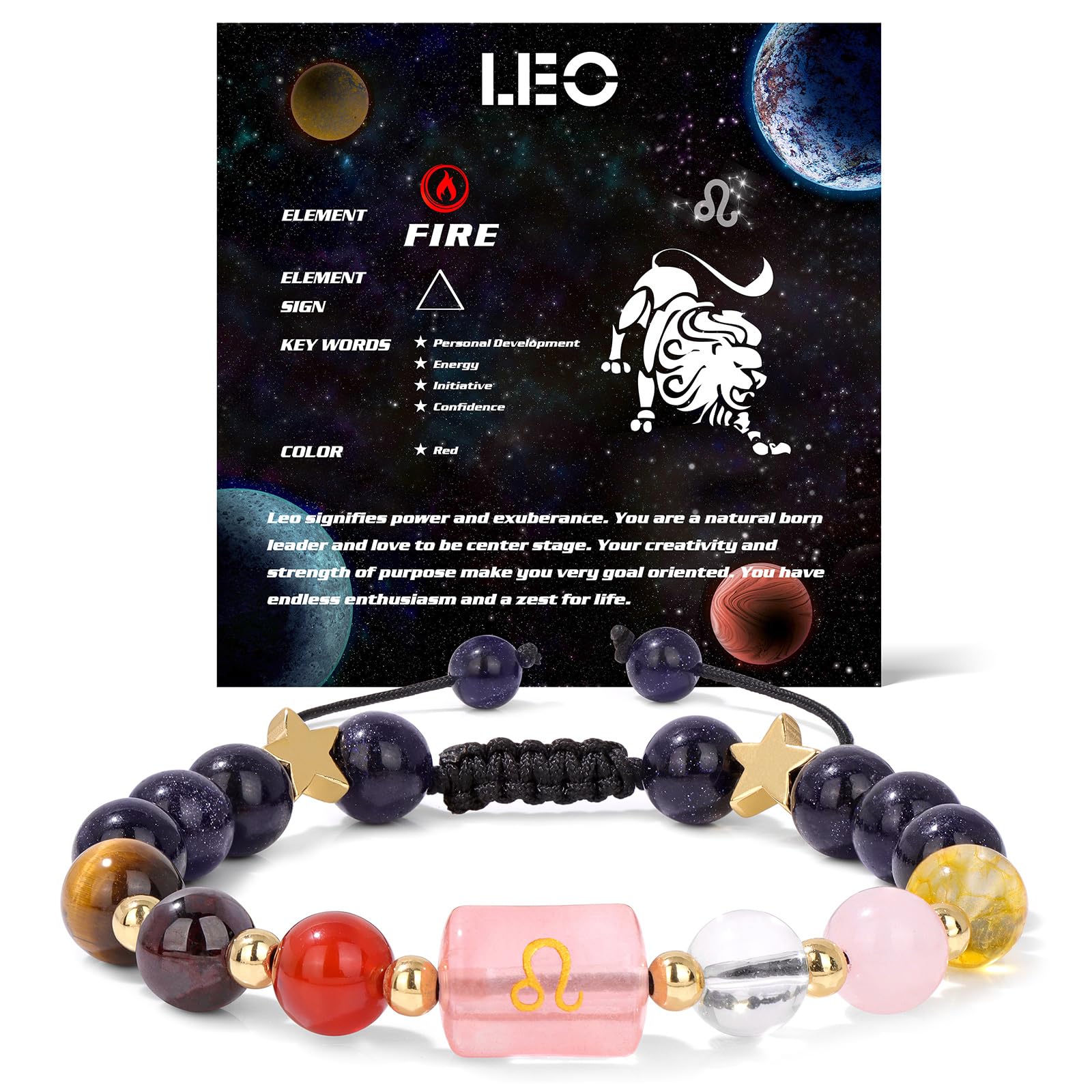 Zodiac Crystal Bracelet – Leo with cosmic constellation card, fire element and personality traits