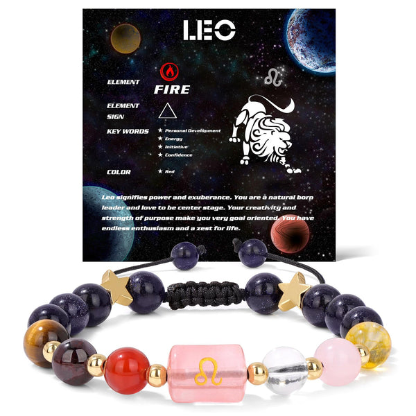 Zodiac Crystal Bracelet – Leo with cosmic constellation card, fire element and personality traits