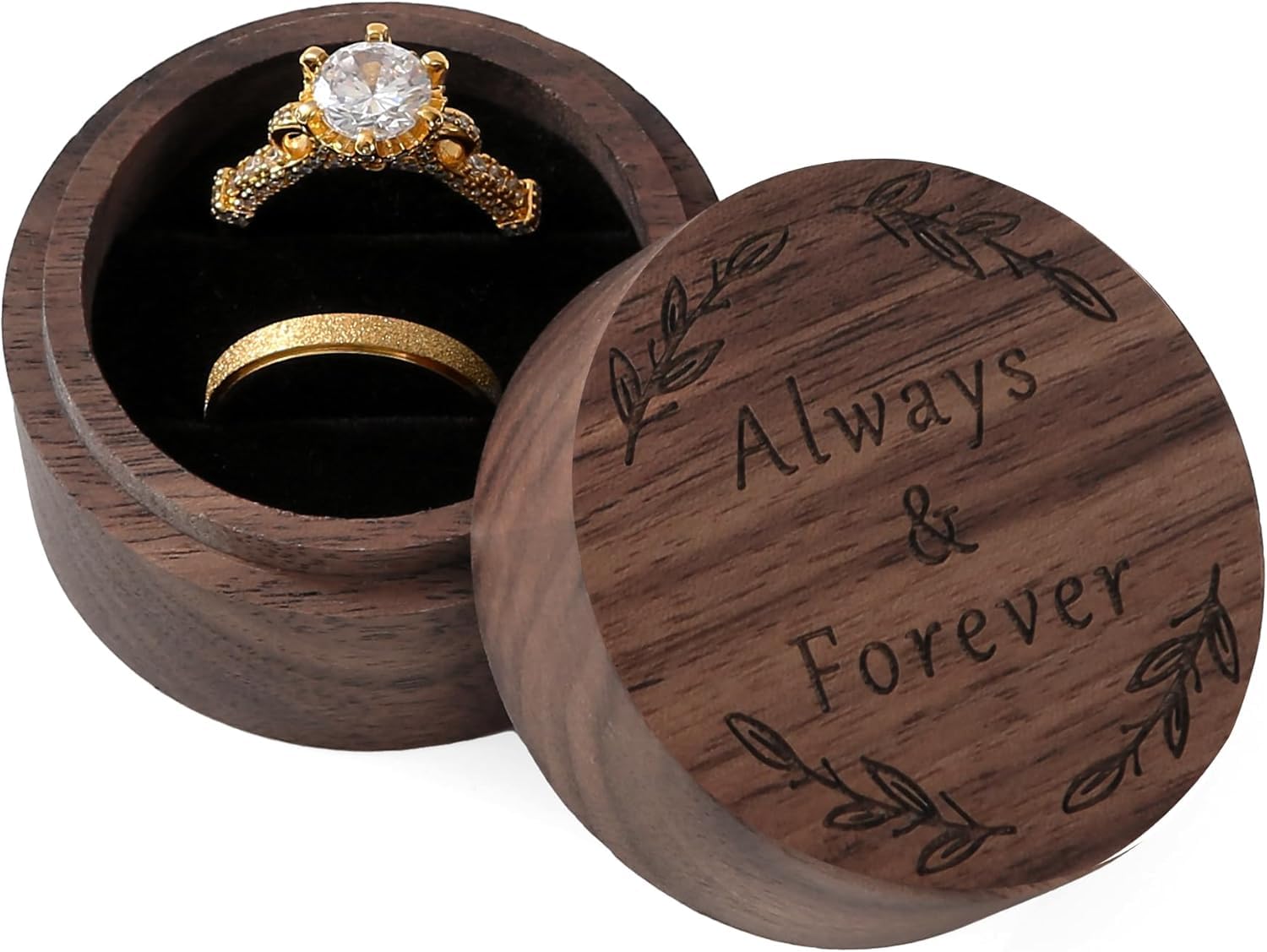 Oval Walnut Wood Ring Box – Always and Forever engraving with leaf branches, 45-degree open view