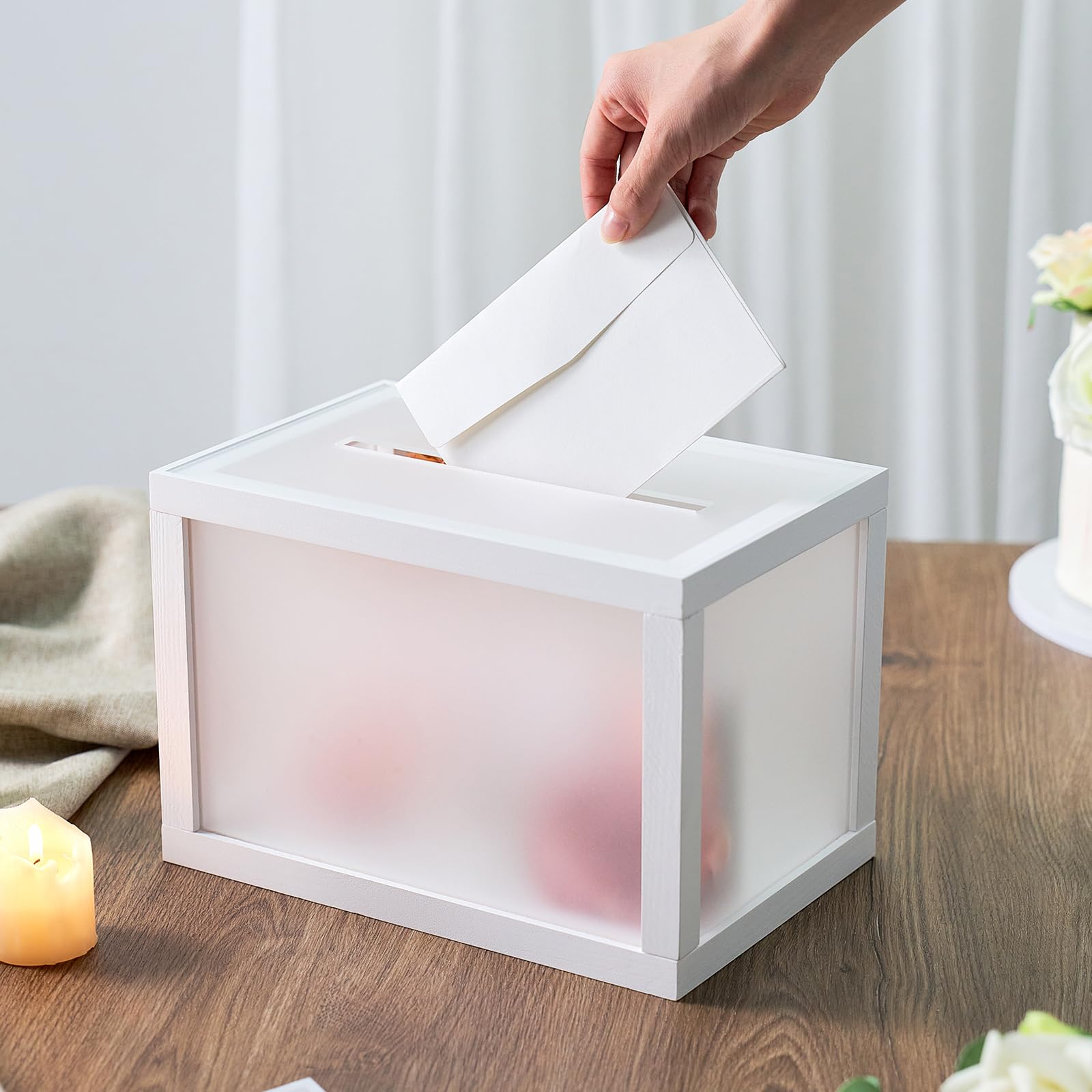 Mr Mrs Wooden Keepsake Box – white wooden card box with slot top for wedding envelopes and cash gifts
