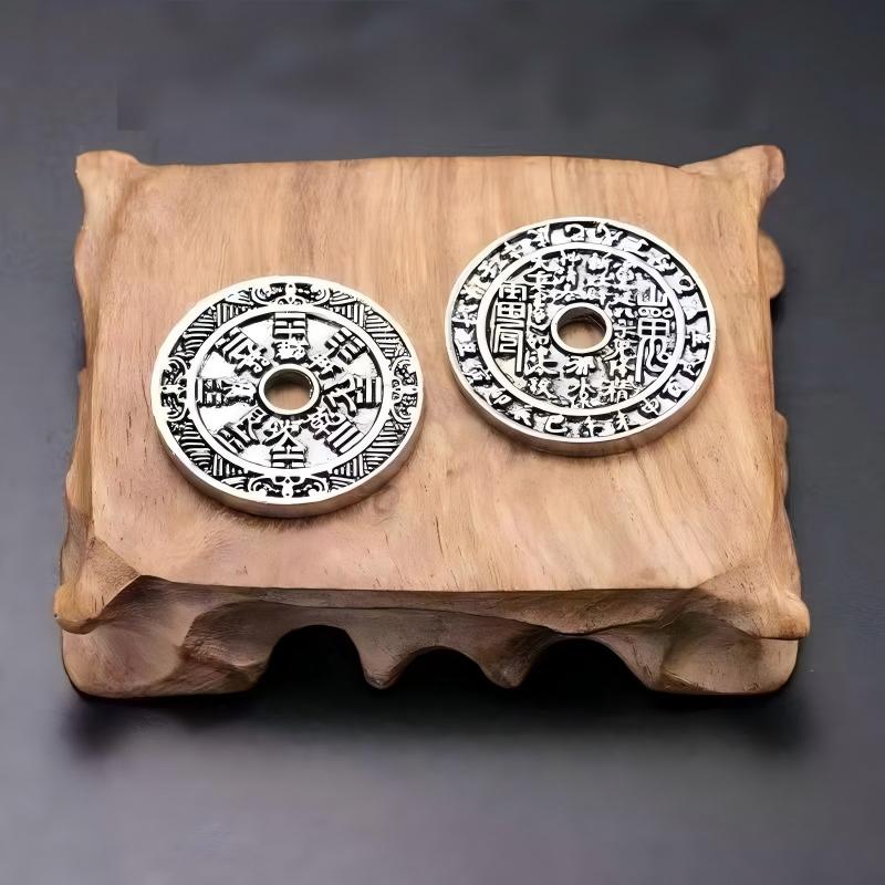 Antique Shan Gui Pendant – two silver coins on natural wood block showing front and back, dark gray background, matching amulet pendant set