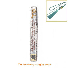 Tian Peng Chi Pendant – silver ruler with gold symbols, light blue tassel rope option inset, car accessory hanging alternative shown