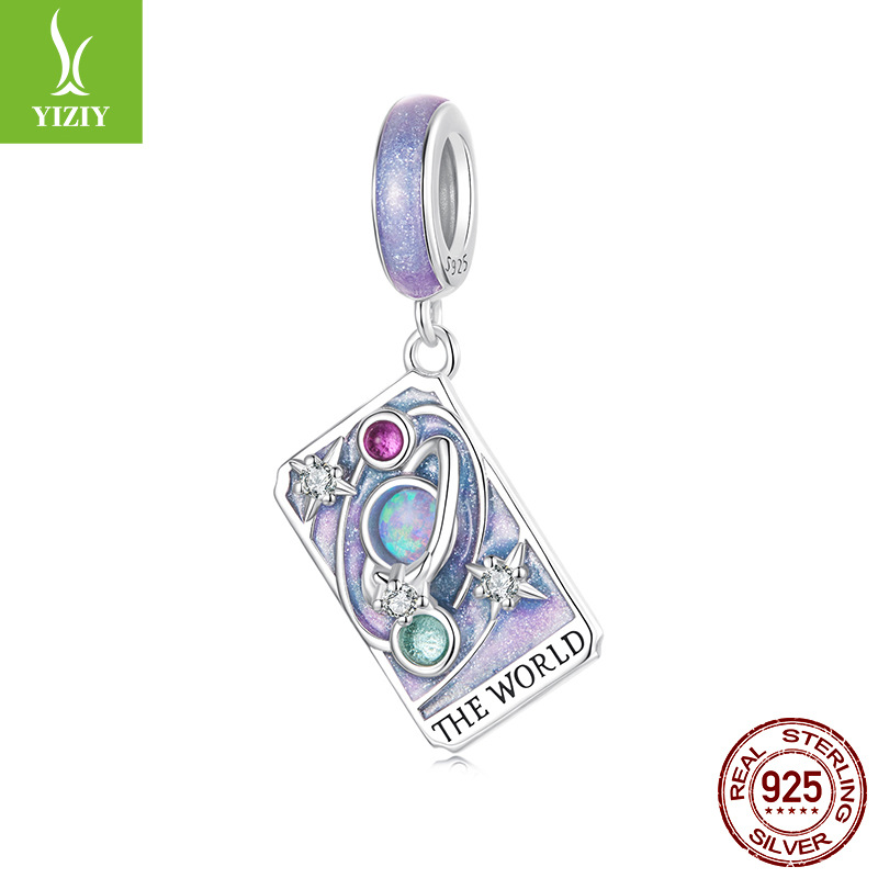 Tarot Silver Charm – The World charm with purple enamel, opalescent moon stone and CZ stars