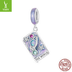 Tarot Silver Charm – The World charm with purple enamel, opalescent moon stone and CZ stars