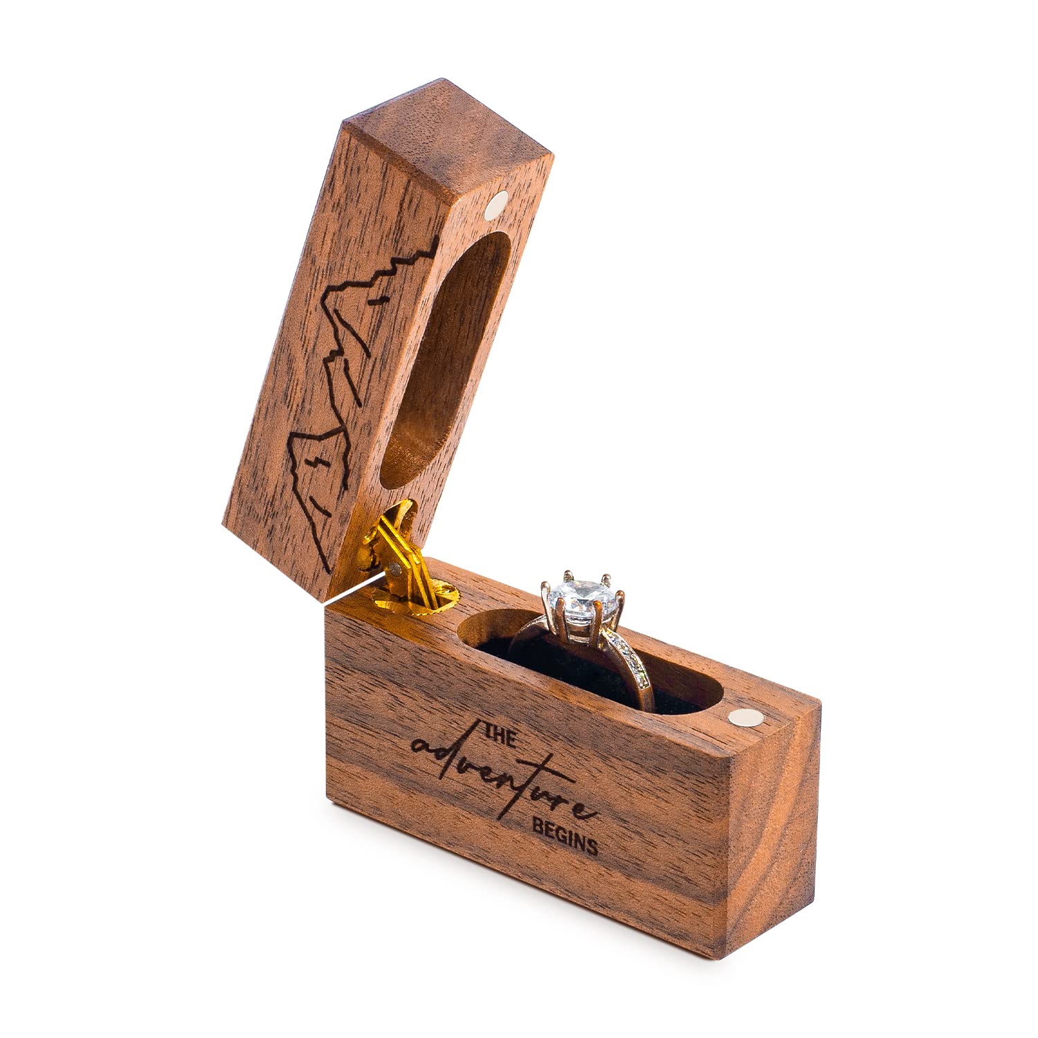 Slim Walnut Wood Ring Box – The Adventure Begins engraving with mountain peak design, outdoor theme