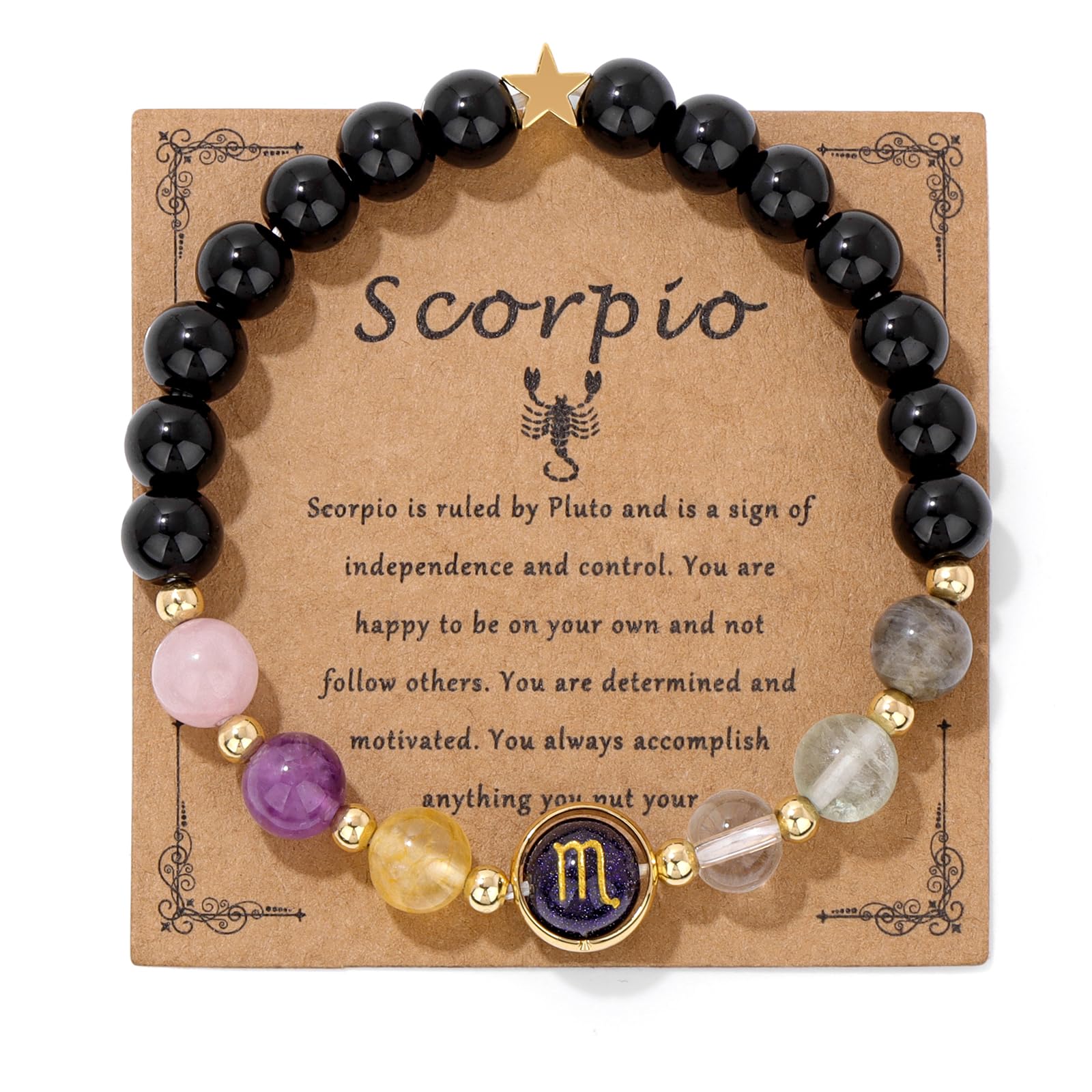 Zodiac Crystal Bracelet – Scorpio on kraft card with scorpion symbol and healing stones