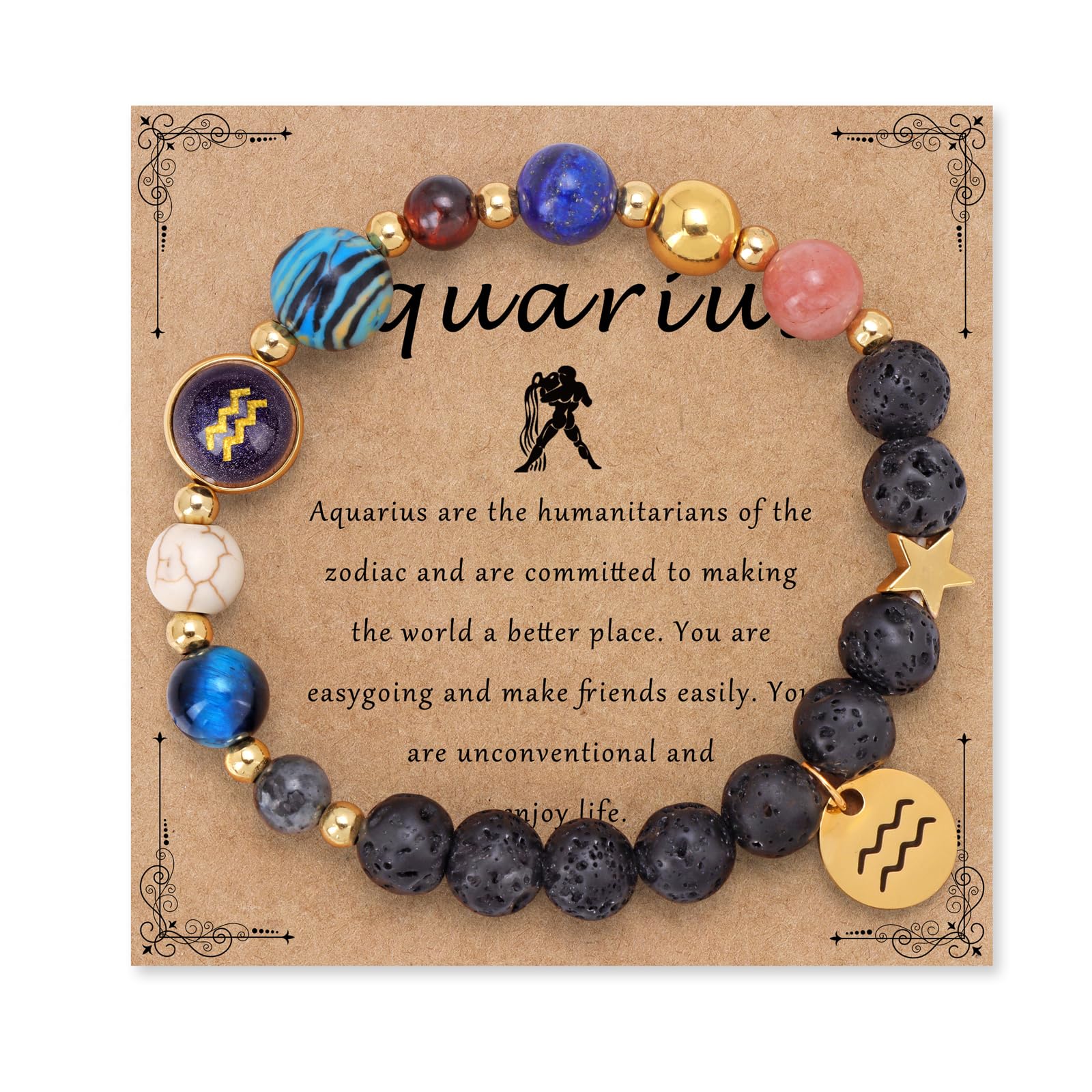 Zodiac Crystal Beaded Bracelet – Aquarius with water bearer charm, healing crystals and lava stones