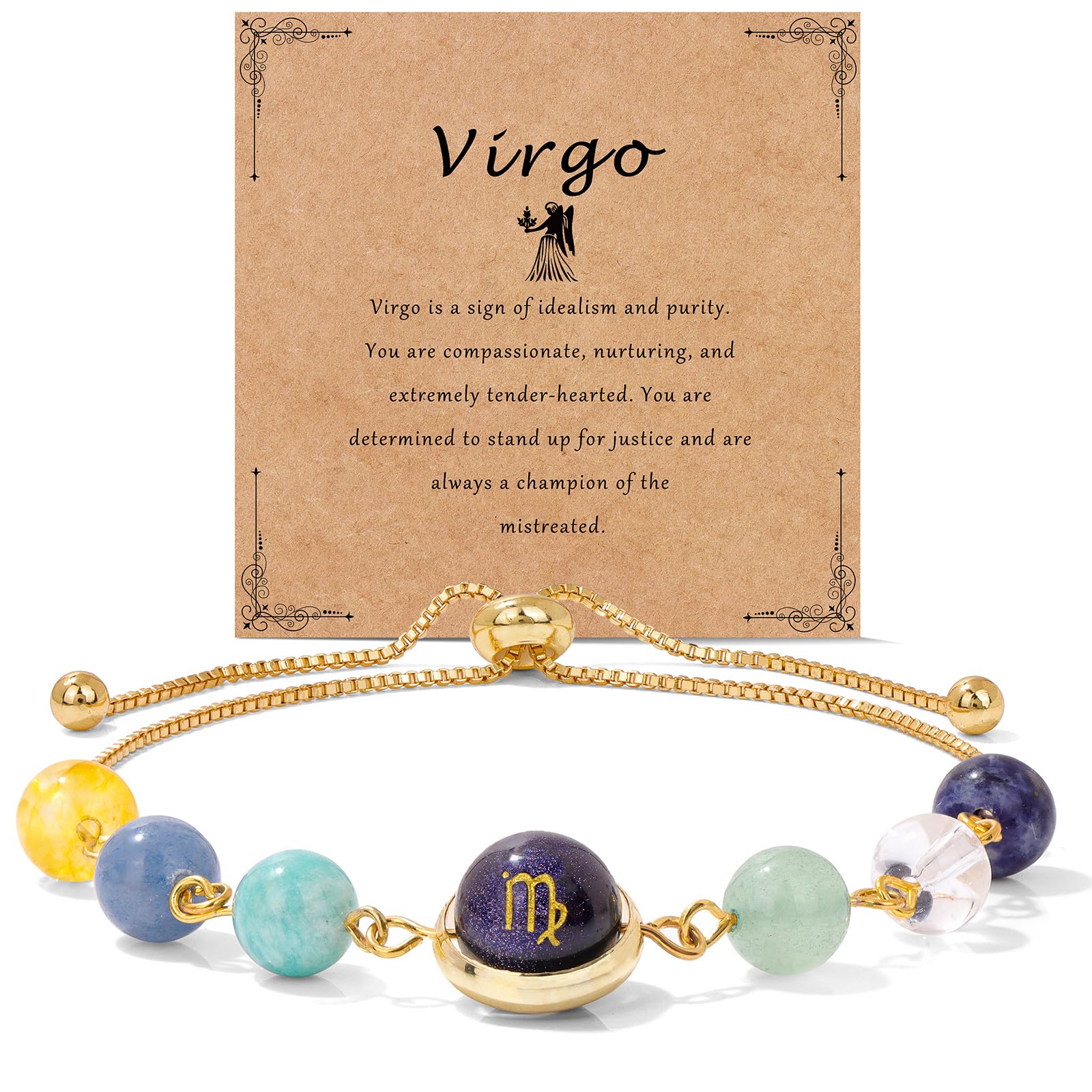 18K Gold Plated Zodiac Stone Bracelet – Virgo with maiden symbol on kraft card, turquoise stones