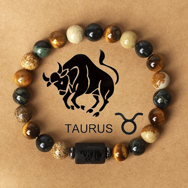 12 Zodiac Natural Stone Bead Bracelet Taurus bull with tiger eye and picture jasper beads