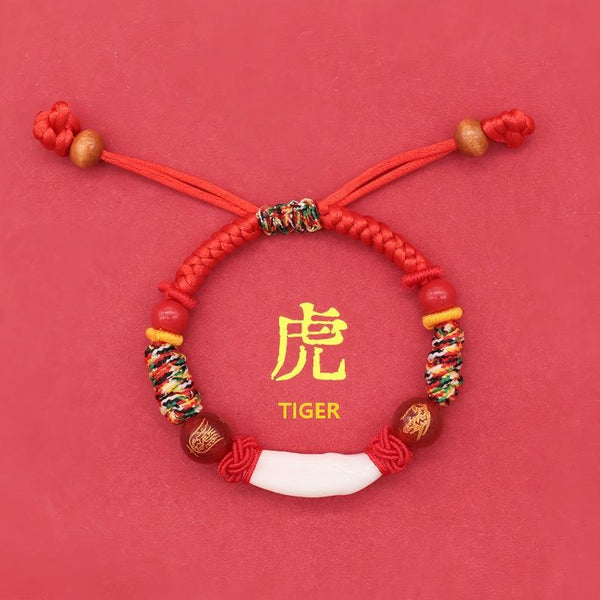 Kids Zodiac Bracelet – tiger zodiac design, vivid red cord, yellow ring accents, toddler amulet