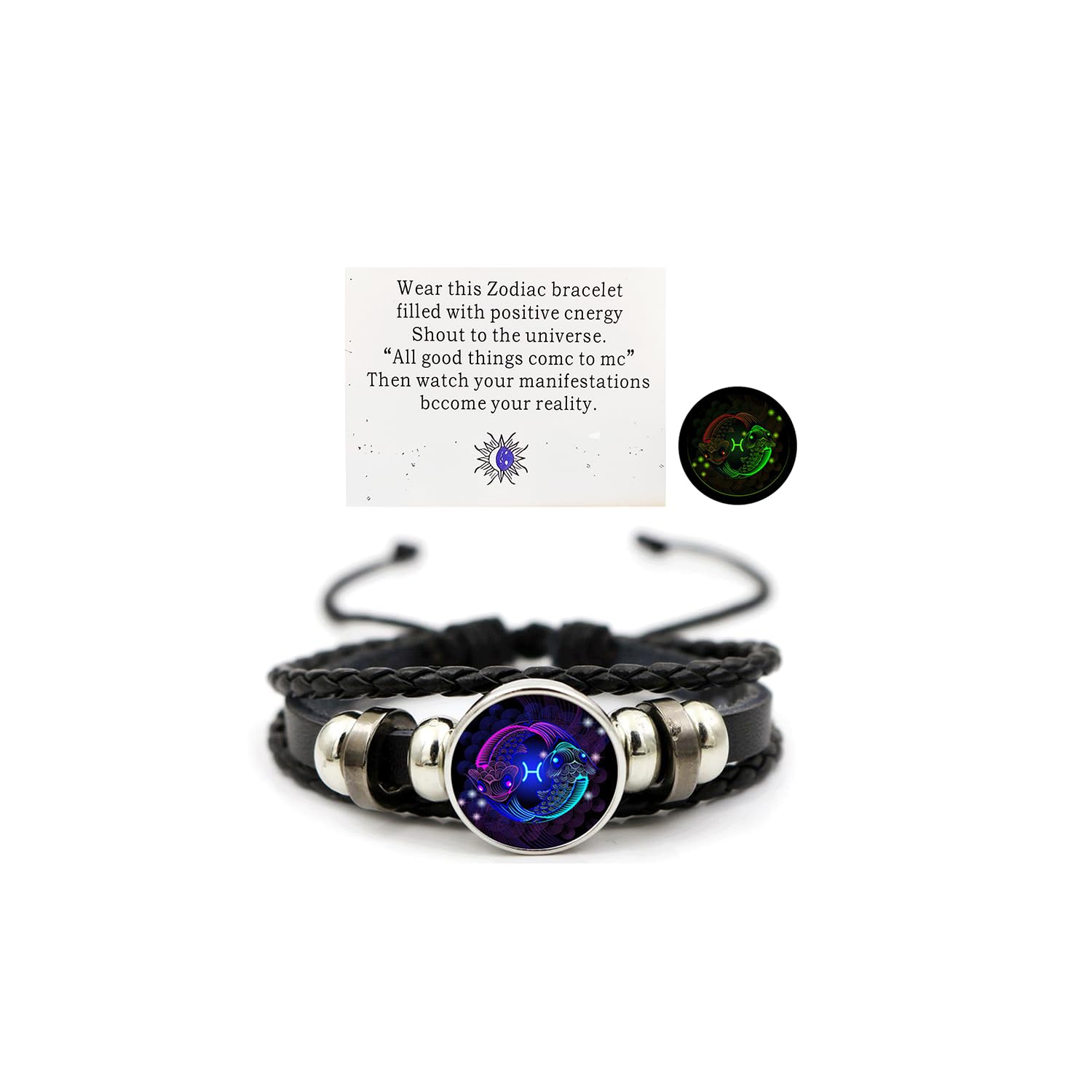 Zodiac Leather Wrap Bracelet – Pisces with twin fish charm and manifestation card, glow feature