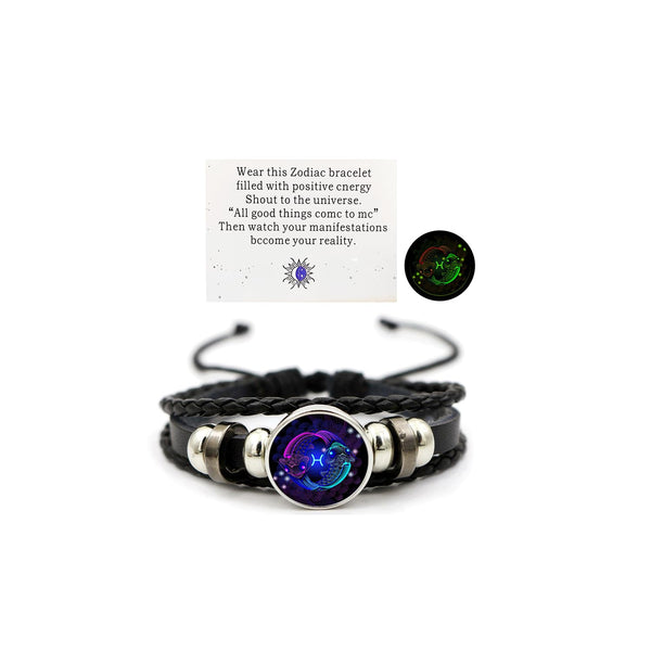 Zodiac Leather Wrap Bracelet – Pisces with twin fish charm and manifestation card, glow feature