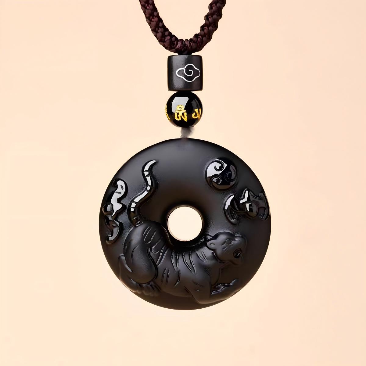 Black Obsidian Necklace – tiger zodiac disc with tai chi, brown cord protection necklace