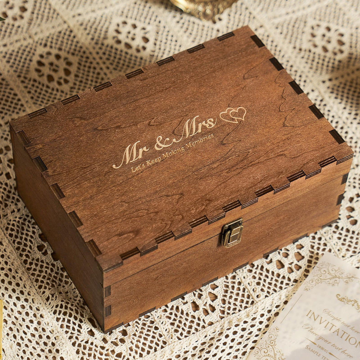 Mr Mrs Wooden Keepsake Box – Mr and Mrs cursive engraving on lace tablecloth with invitation card, large
