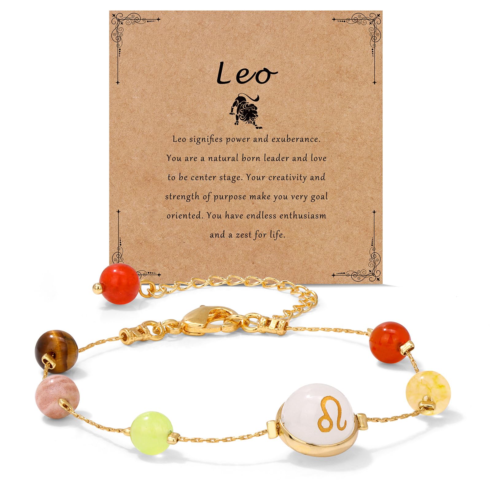 18K Gold Plated Zodiac Stone Bracelet – Leo with lion symbol on kraft card, carnelian stones