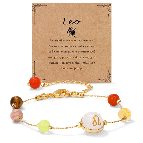 18K Gold Plated Zodiac Stone Bracelet – Leo with lion symbol on kraft card, carnelian stones