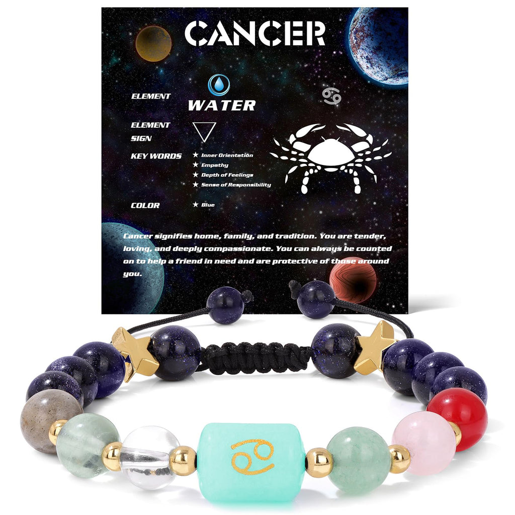 Zodiac Crystal Bracelet – Cancer with cosmic card showing water element and crab symbol