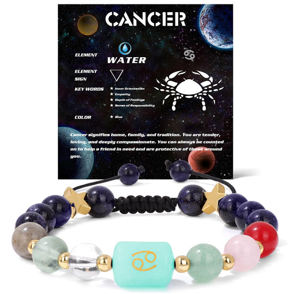 Zodiac Crystal Bracelet – Cancer with cosmic card showing water element and crab symbol