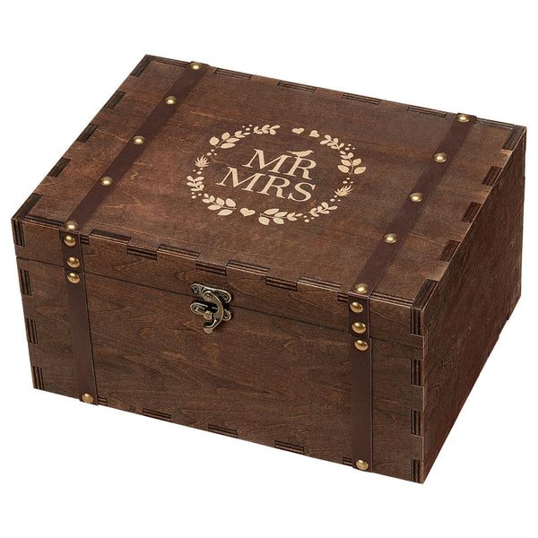 Mr Mrs Wooden Keepsake Box – MR and MRS engraving with full laurel wreath and hearts, large size