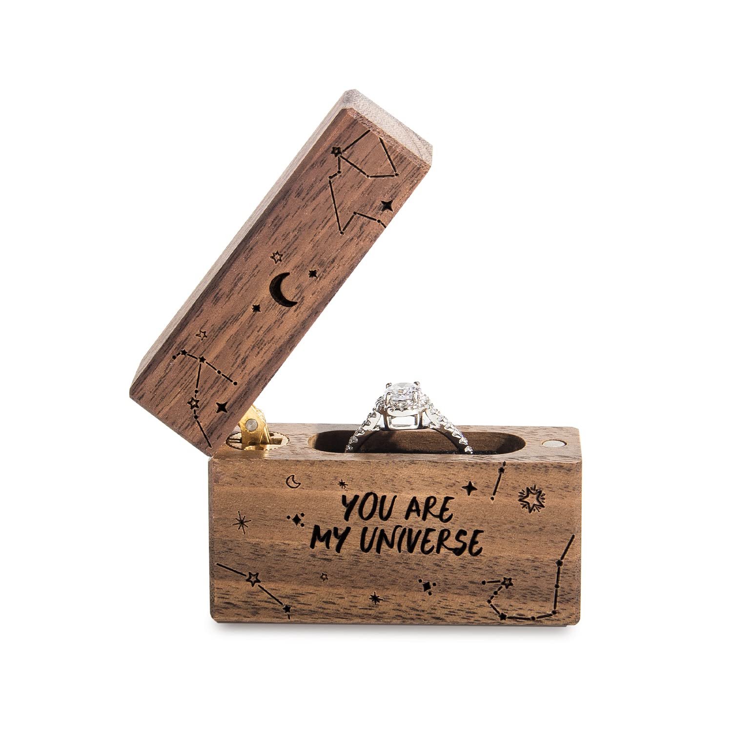 Slim Walnut Wood Ring Box – You Are My Universe engraving with constellation and moon, cosmic theme