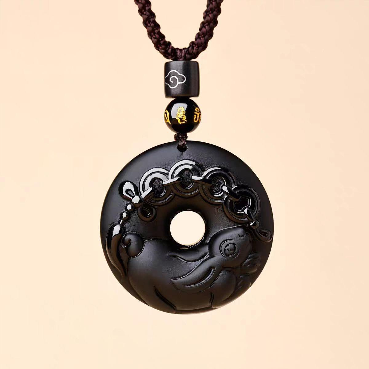 Black Obsidian Necklace – rabbit zodiac disc with bow coins, mantra bead protection pendant