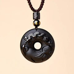 Black Obsidian Necklace – rabbit zodiac disc with bow coins, mantra bead protection pendant